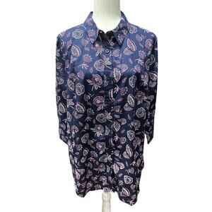 Woman Within Button Up Top L 18/20 Blue Floral 3/4 Sleeves Cotton Mature Casual